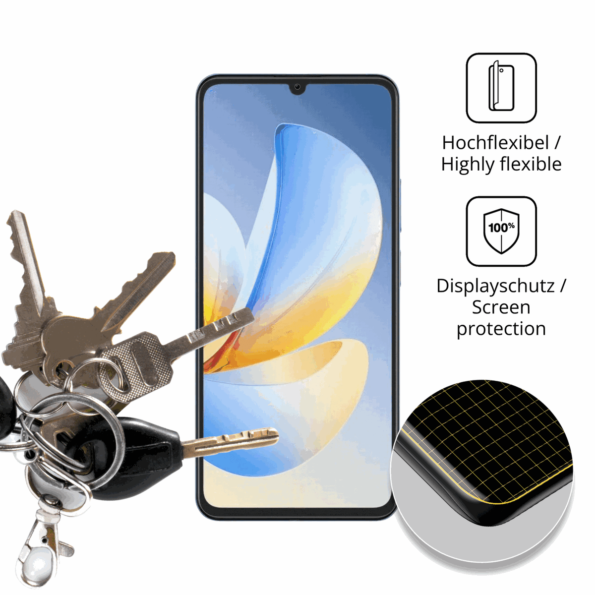 dipos Displayschutz für Realme P4 Lite, transparente Oberfläche, perfekte Passform auch für die Rundungen