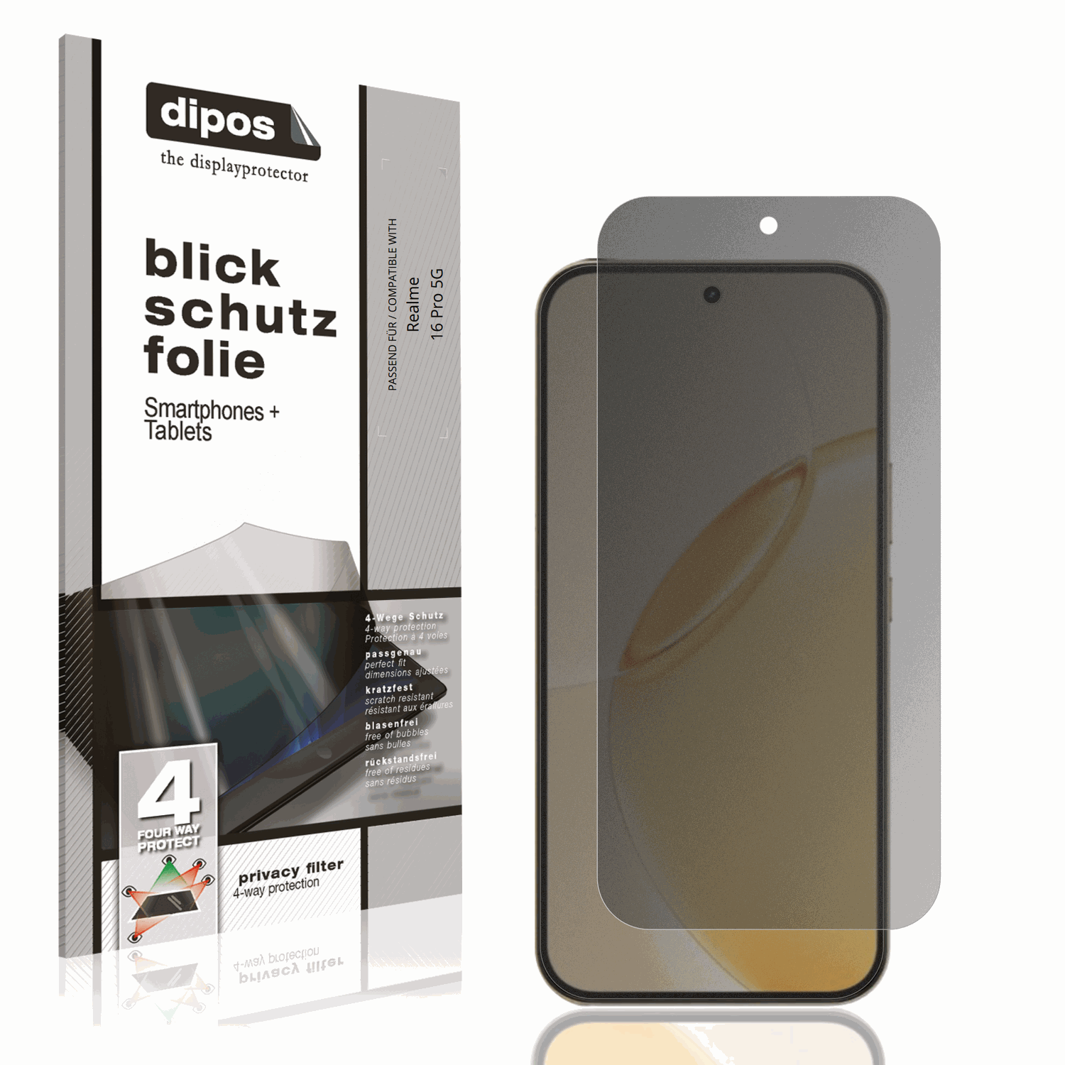 Blickschutzfolie von dipos passend für Realme 16 Pro 5G, präziser Zuschnitt und blasenfrei montiert