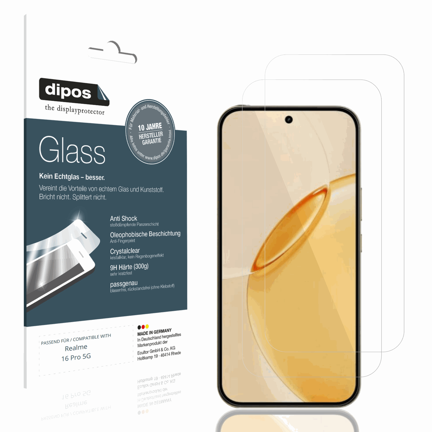 Klare Displayschutzfolie von dipos passend für Realme 16 Pro 5G, 9H kratzfest und blasenfrei montiert