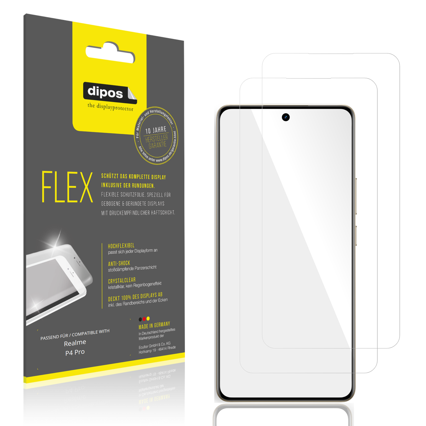 Klare Displayschutzfolie von dipos passend für Realme P4 Pro, 100% Displayabdeckung und blasenfreie Montage