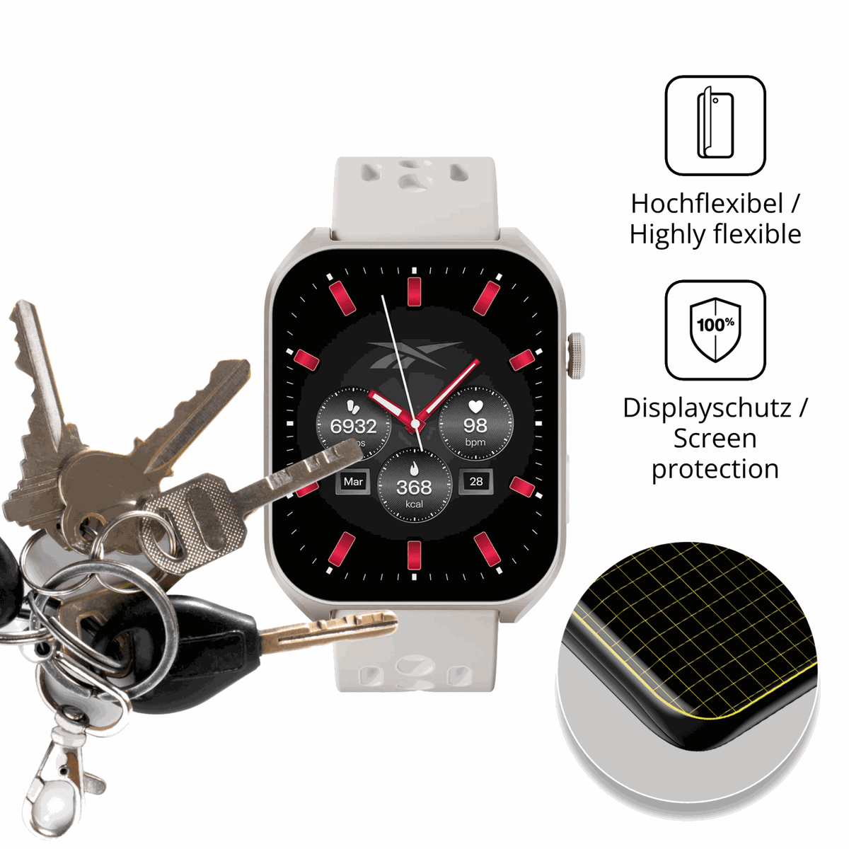 dipos Displayschutz für Reebok Icon Smartwatch, transparente Oberfläche, geringe Dicke und perfekte Passform