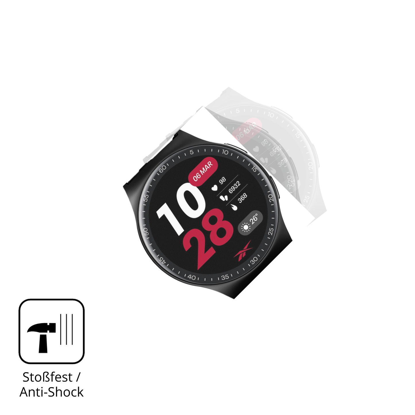 Schutz gegen Kratzer auf dem Reebok Pulse Smartwatch Glas durch Schlüssel, Stöße gegen die Tischkante oder Stürze