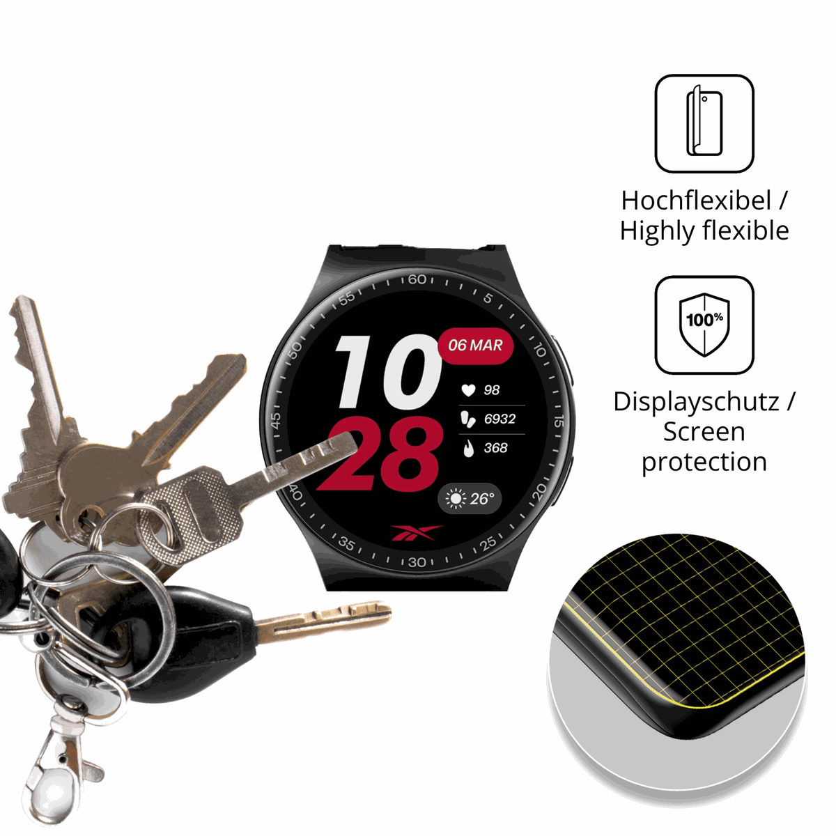 dipos Displayschutz für Reebok Pulse Smartwatch, transparente Oberfläche, geringe Dicke und perfekte Passform