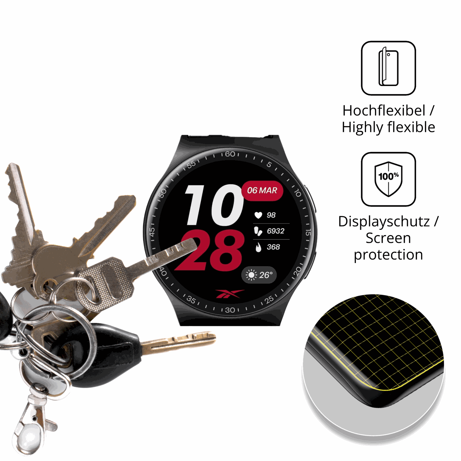 dipos Displayschutz für Reebok Pulse Smartwatch, transparente Oberfläche, geringe Dicke und perfekte Passform