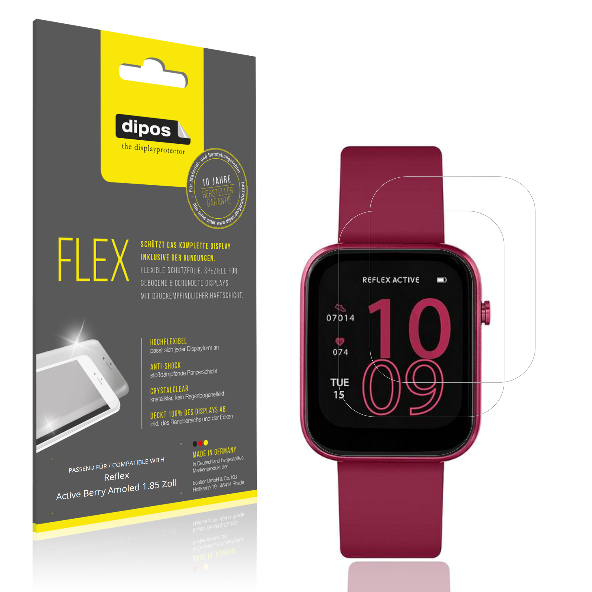 Klare Displayschutzfolie von dipos passend für Reflex Active Berry Amoled 1.85 Zoll, 100% Displayabdeckung und blasenfreie Montage
