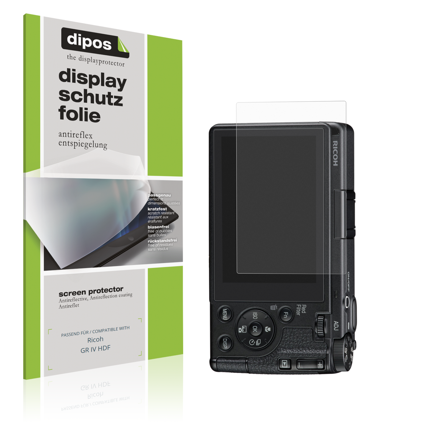 Matte Displayschutzfolie von dipos passend für Ricoh GR IV HDF, präziser Zuschnitt und blasenfrei montiert
