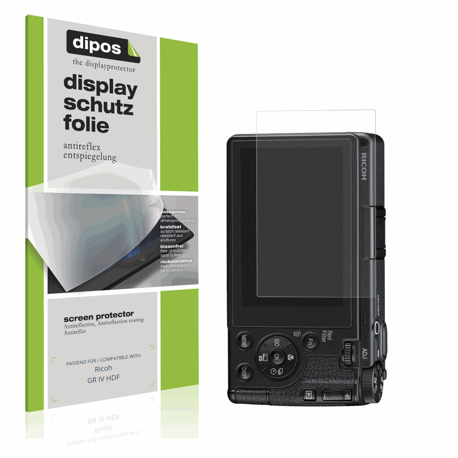 Matte Displayschutzfolie von dipos passend für Ricoh GR IV HDF, präziser Zuschnitt und blasenfrei montiert