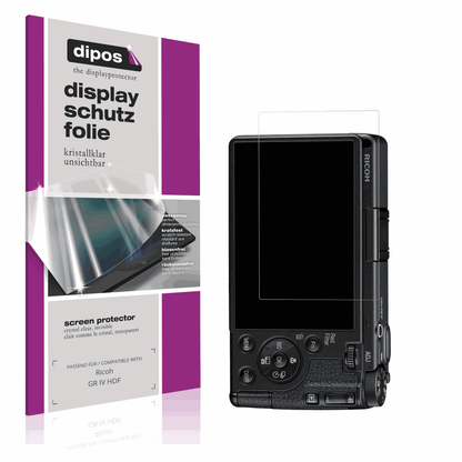 Klare Displayschutzfolie von dipos passend für Ricoh GR IV HDF, präziser Zuschnitt und blasenfrei montiert