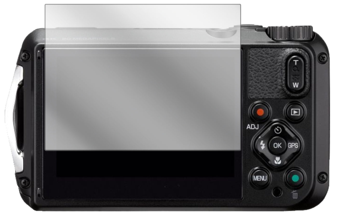 RicohWG-6 mit aufgebrachter dipos Displayschutzfolie, glasklare Darstellung ohne Einschränkungen