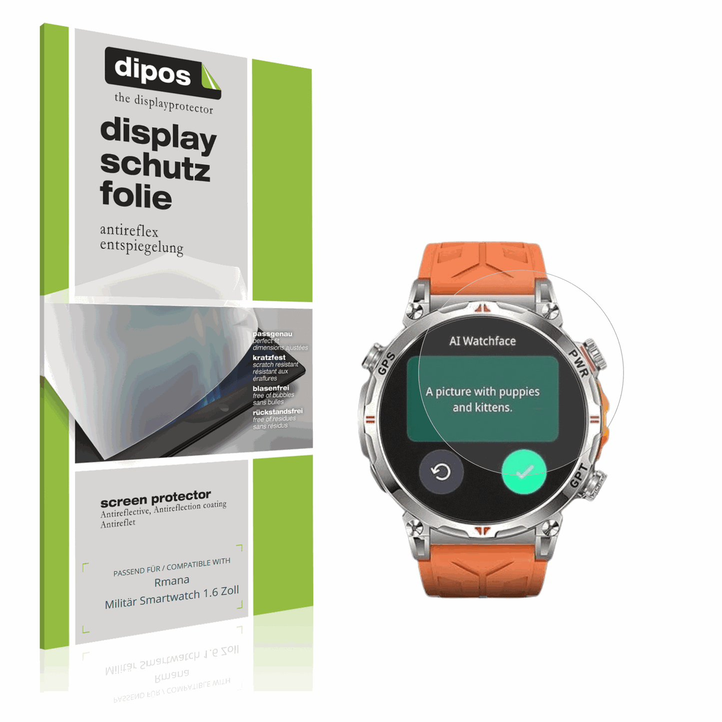Matte Displayschutzfolie von dipos passend für Rmana Militär Smartwatch 1.6 Zoll, präziser Zuschnitt und blasenfrei montiert