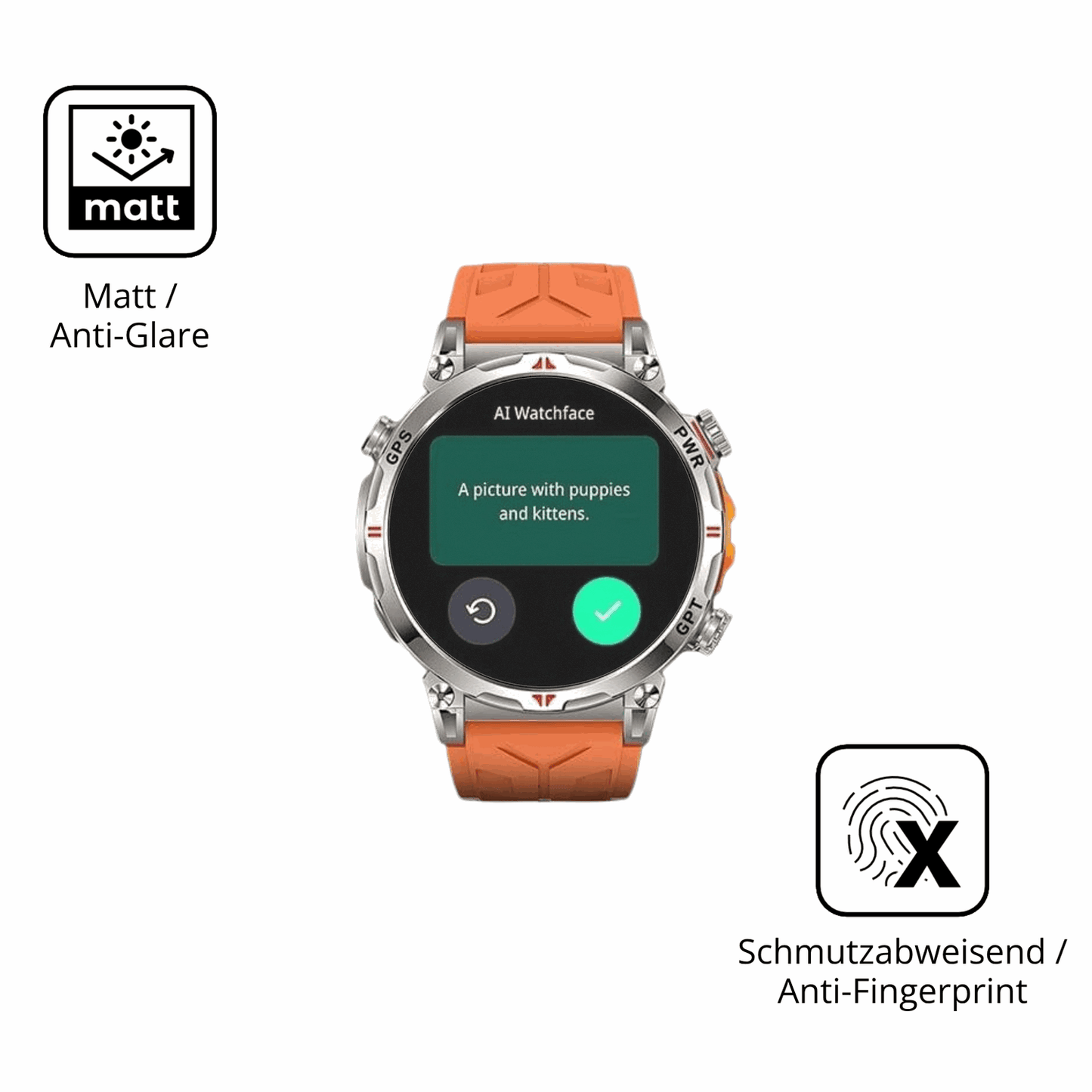 Dünne und entspiegelnde Folie passend zugeschnitten für Rmana Militär Smartwatch 1.6 Zoll