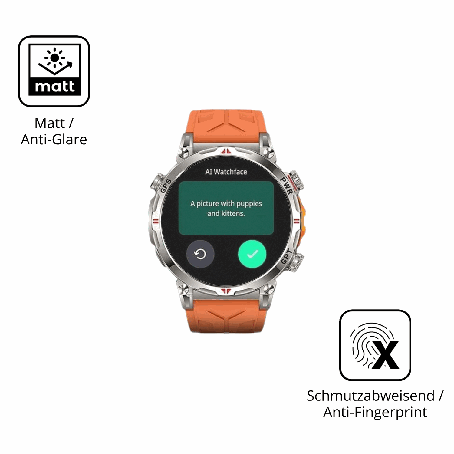 Dünne und entspiegelnde Folie passend zugeschnitten für Rmana Militär Smartwatch 1.6 Zoll