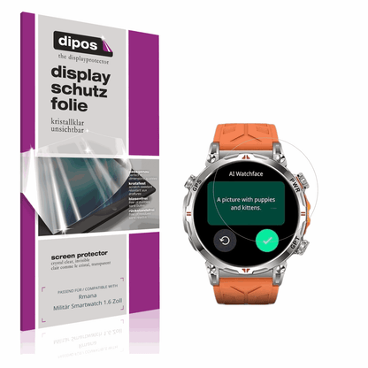 Klare Displayschutzfolie von dipos passend für Rmana Militär Smartwatch 1.6 Zoll, präziser Zuschnitt und blasenfrei montiert