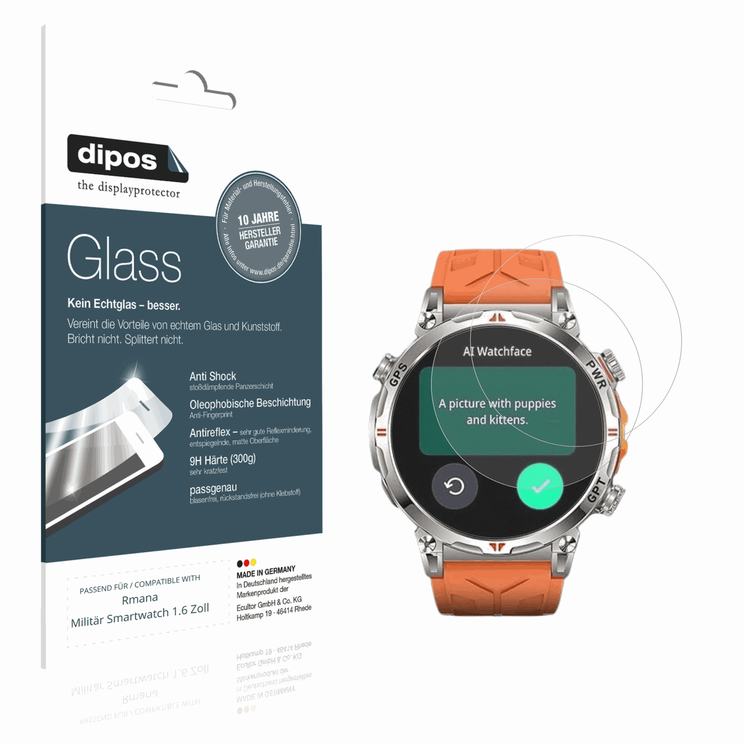 Matte Displayschutzfolie von dipos passend für Rmana Militär Smartwatch 1.6 Zoll, 9H kratzfest und blasenfrei montiert