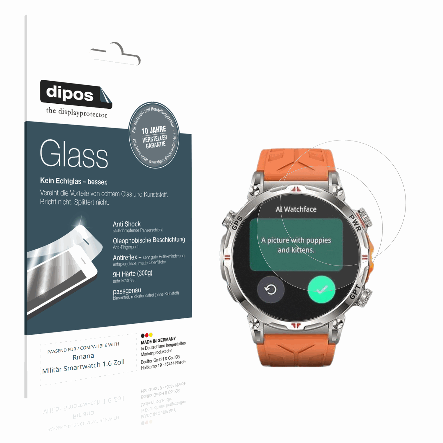 Matte Displayschutzfolie von dipos passend für Rmana Militär Smartwatch 1.6 Zoll, 9H kratzfest und blasenfrei montiert