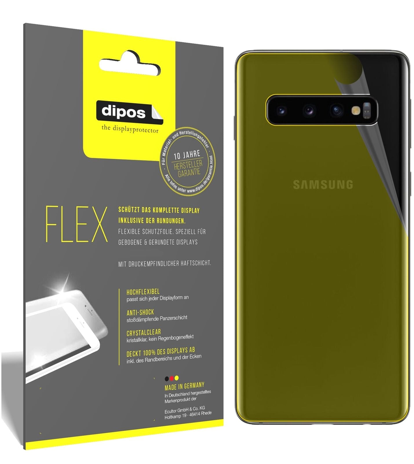 dipos Displayschutz für Samsung Galaxy S10 Plus Rückseite, transparente Oberfläche, geringe Dicke und perfekte Passform