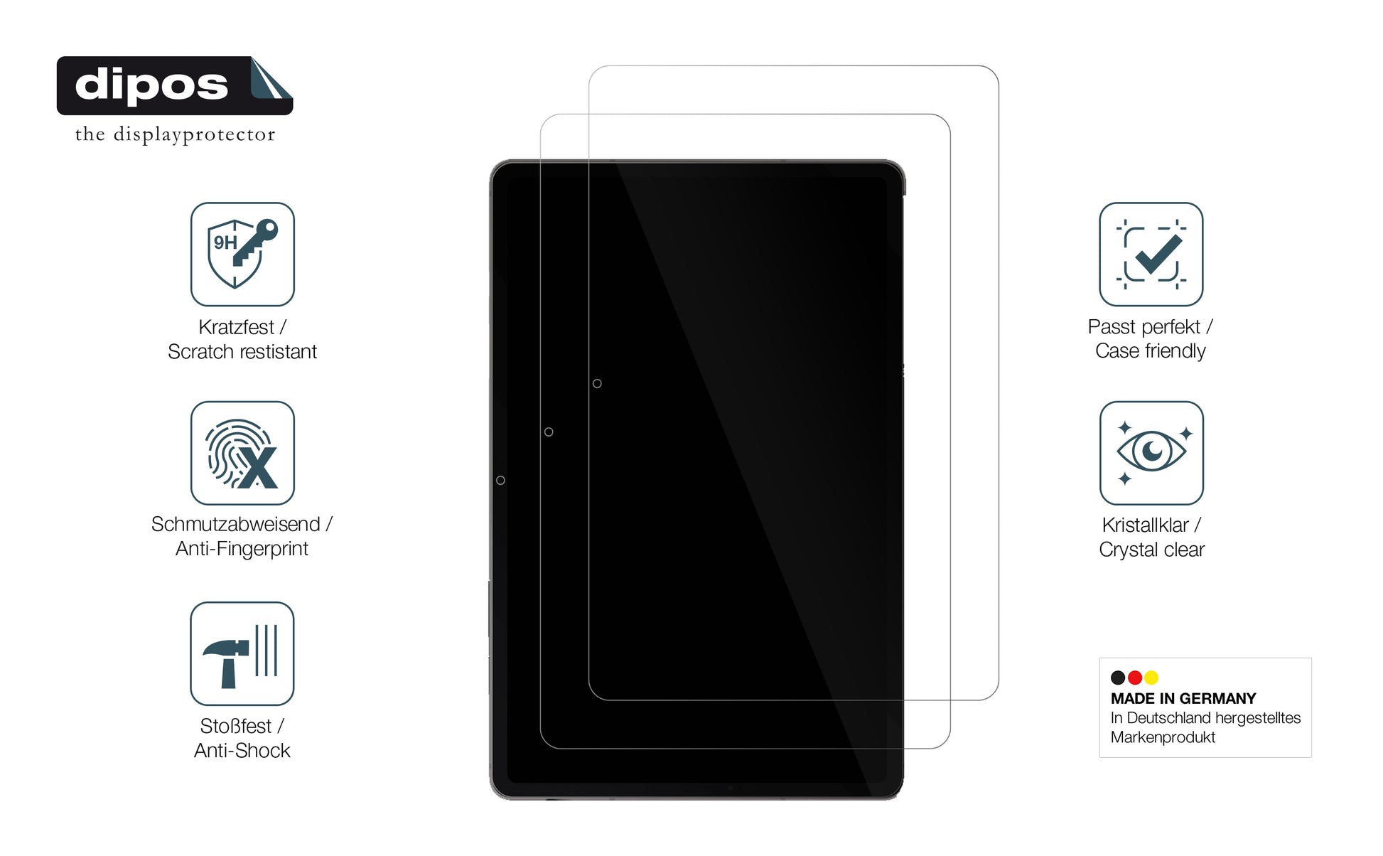 dipos Displayschutz für Samsung Galaxy Tab S9FE+, transparente Oberfläche, perfekte Passform auch für die Rundungen