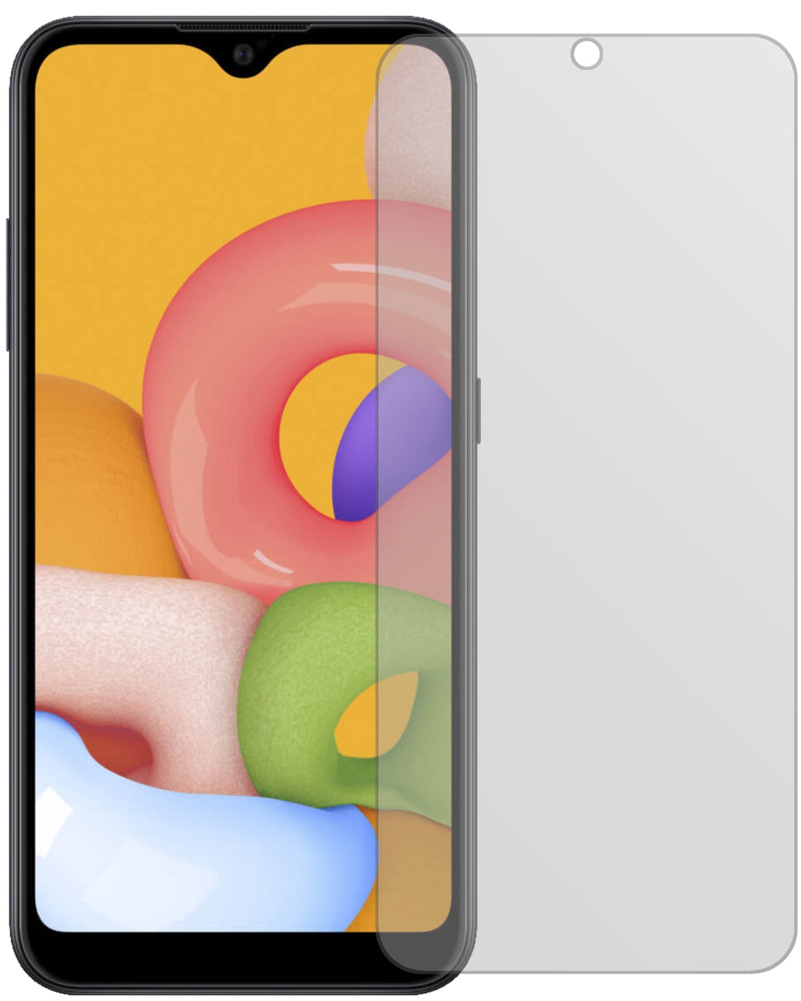 SamsungGalaxy A01 mit aufgebrachter dipos Displayschutzfolie, die lästige Fingerabdrücke minimiert