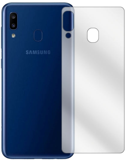 SamsungGalaxy A20 Rückseite mit aufgebrachter dipos Displayschutzfolie, glasklare Darstellung ohne Einschränkungen