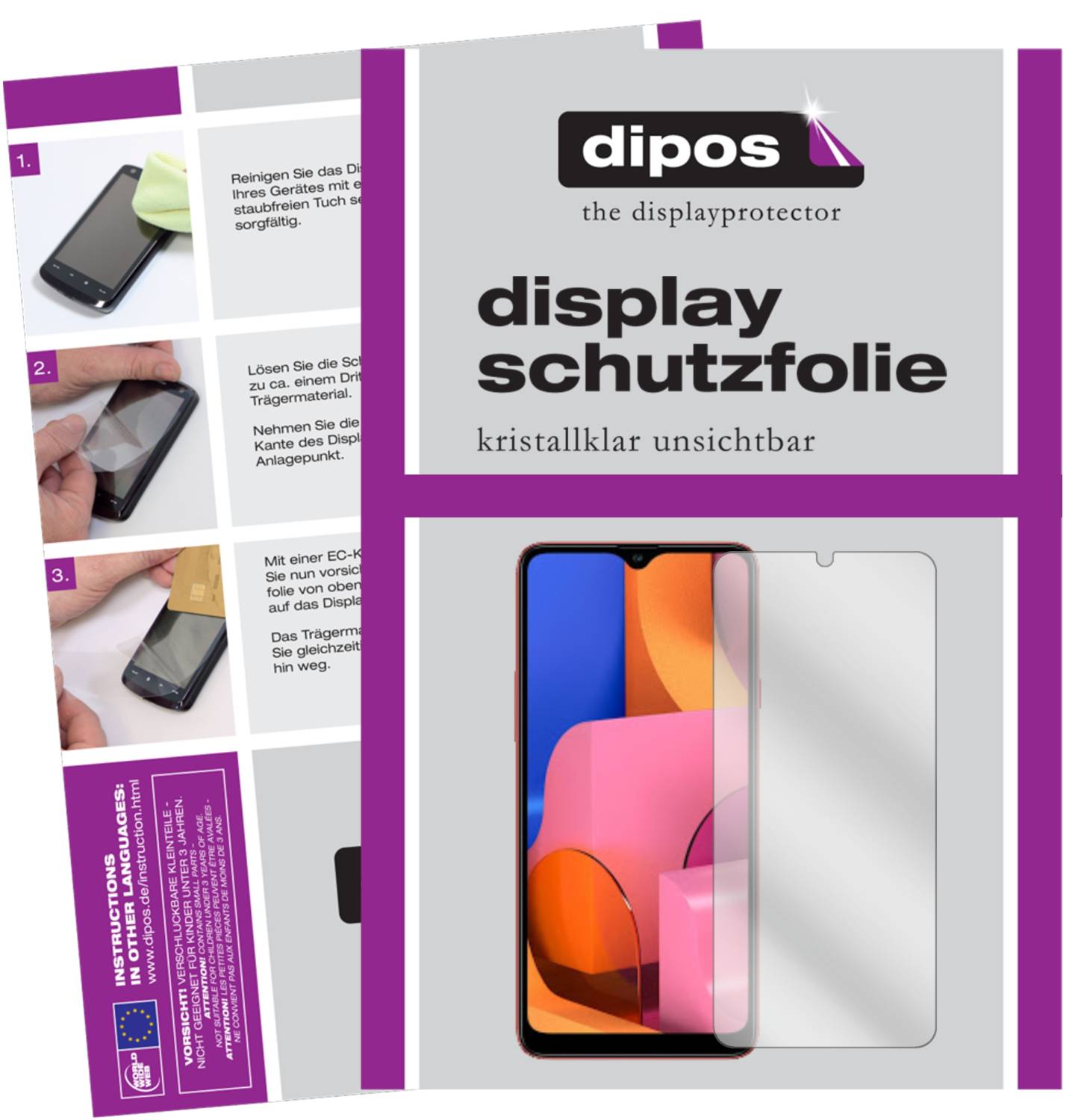 Klare Displayschutzfolie von dipos passend für Samsung Galaxy A20s, präziser Zuschnitt und blasenfrei montiert