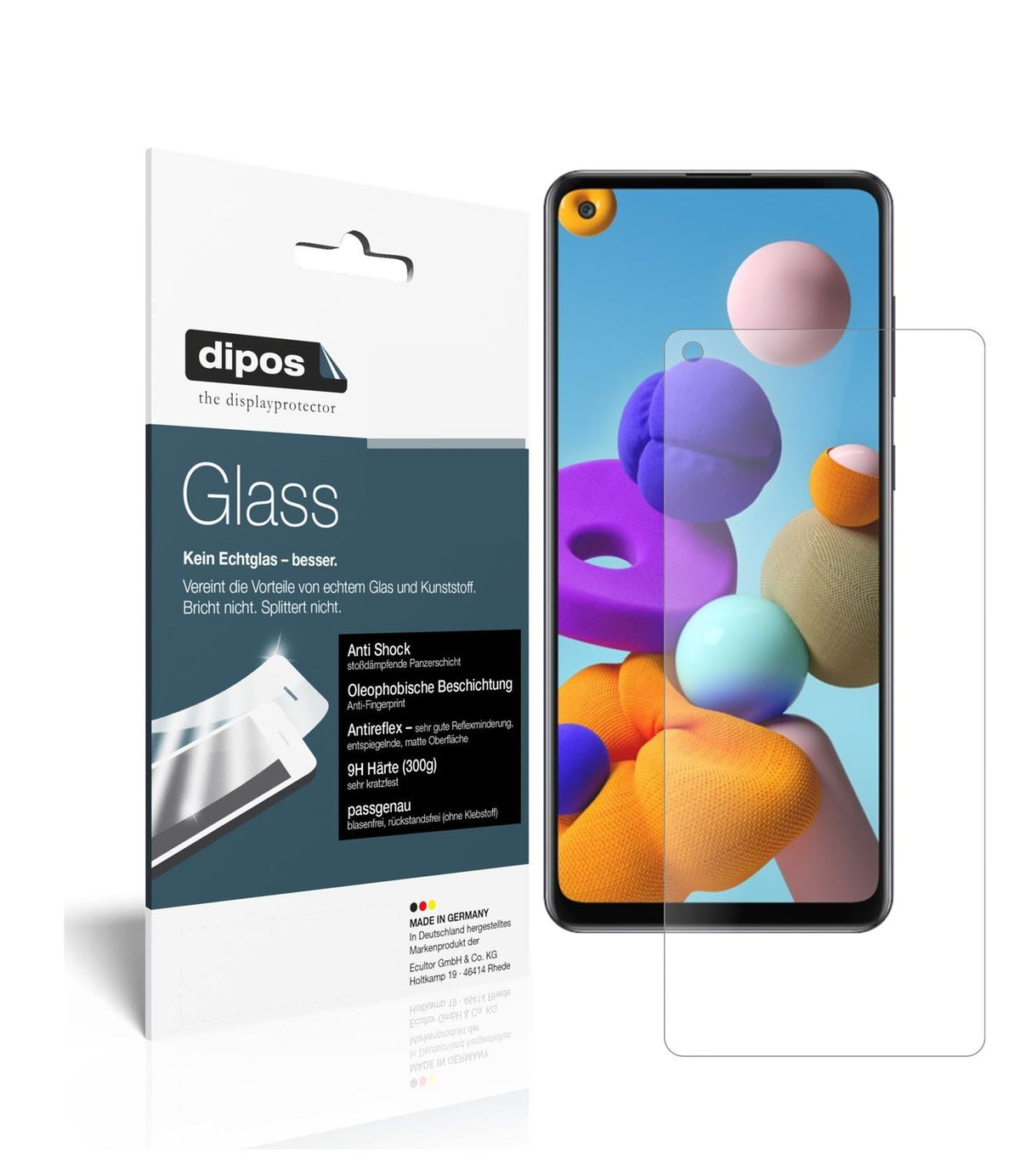Matte Displayschutzfolie von dipos passend für Samsung Galaxy A21s, 9H kratzfest und blasenfrei montiert