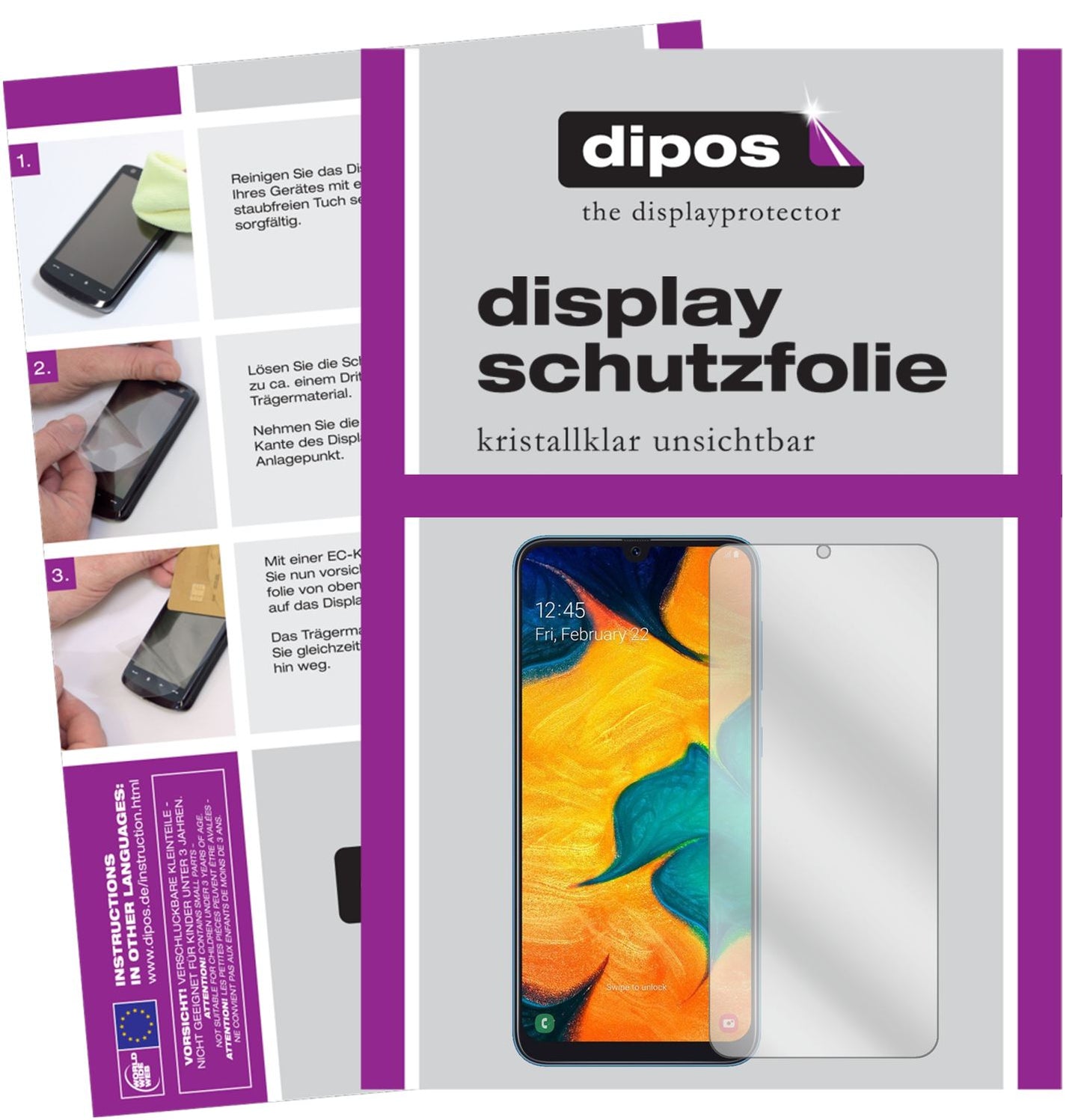 Klare Displayschutzfolie von dipos passend für Samsung Galaxy A30s, präziser Zuschnitt und blasenfrei montiert