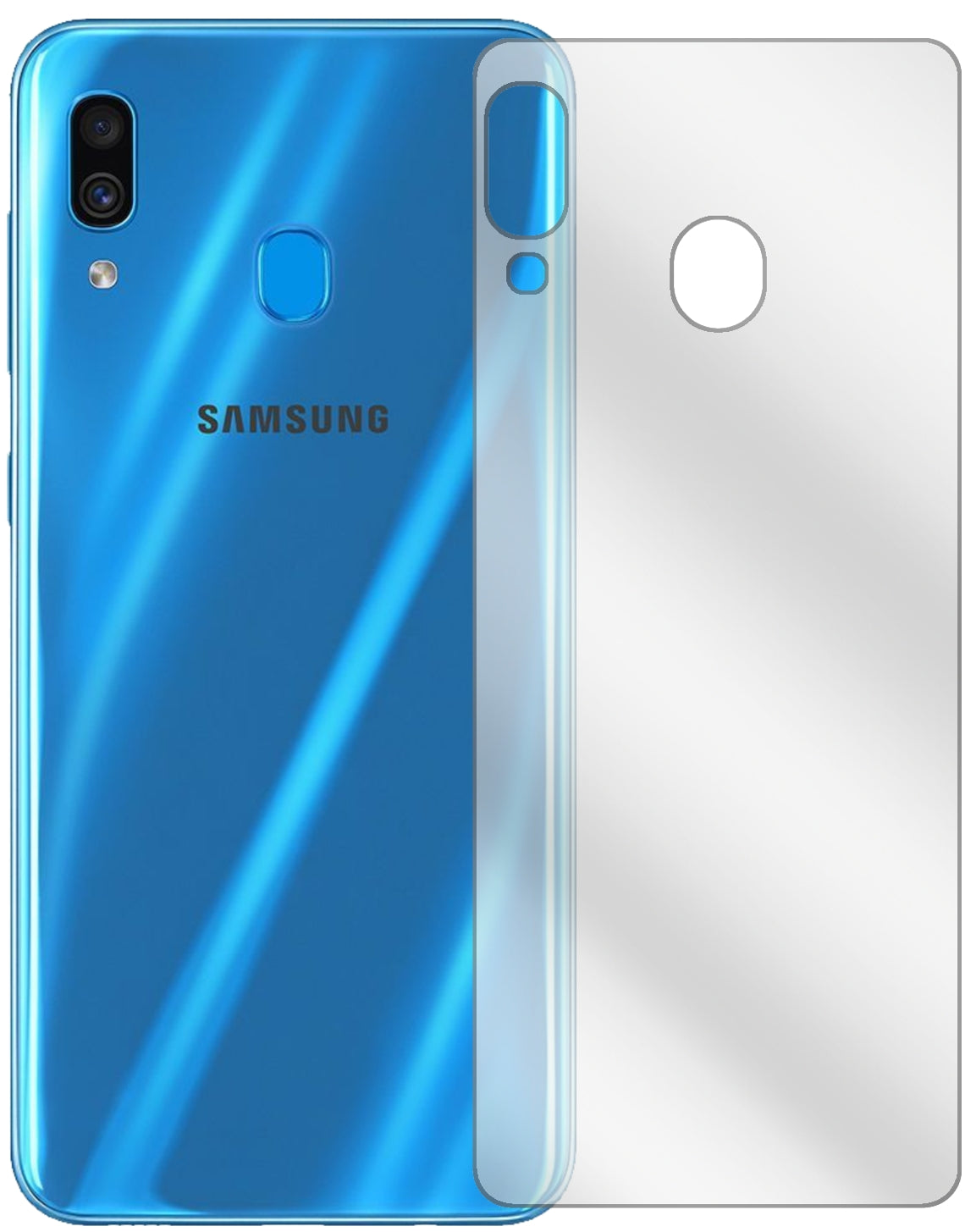 SamsungGalaxy A30s Rückseite mit aufgebrachter dipos Displayschutzfolie, glasklare Darstellung ohne Einschränkungen