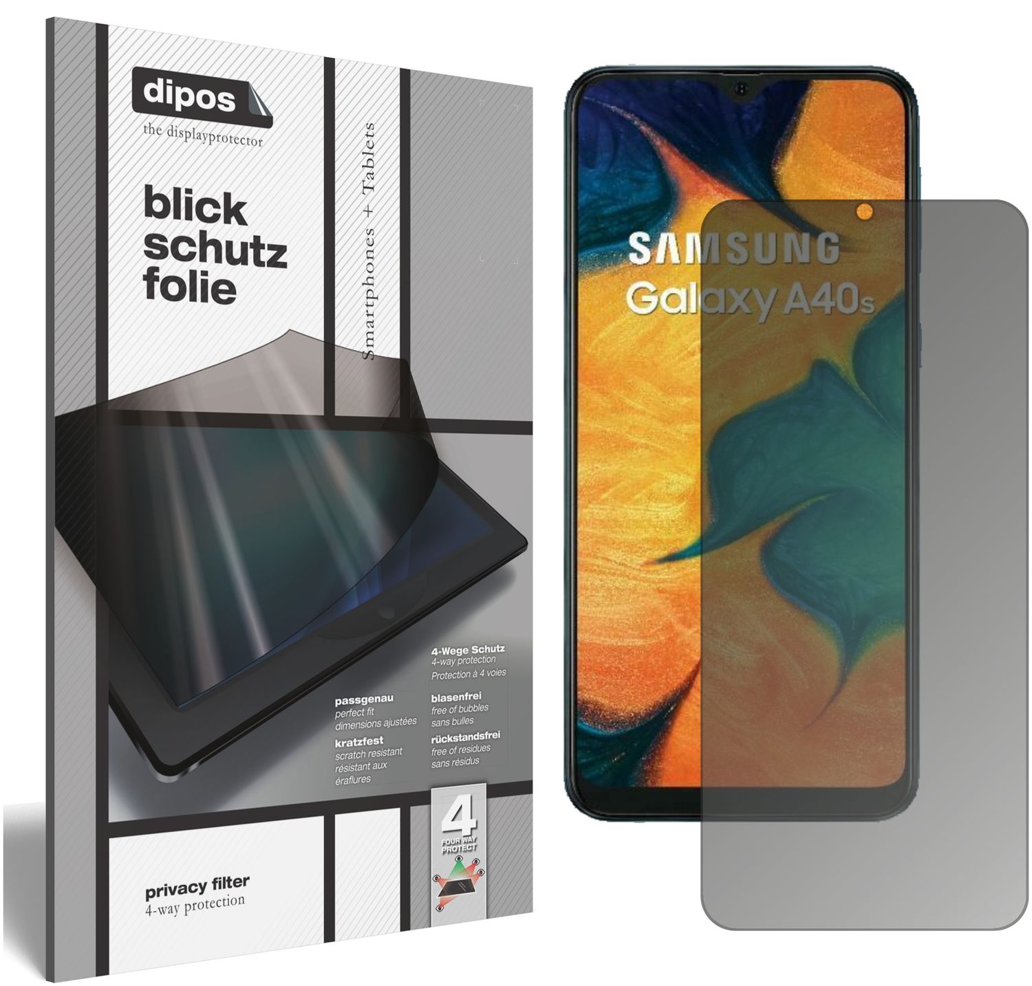 Blickschutzfolie von dipos passend für Samsung Galaxy A40s, präziser Zuschnitt und blasenfrei montiert