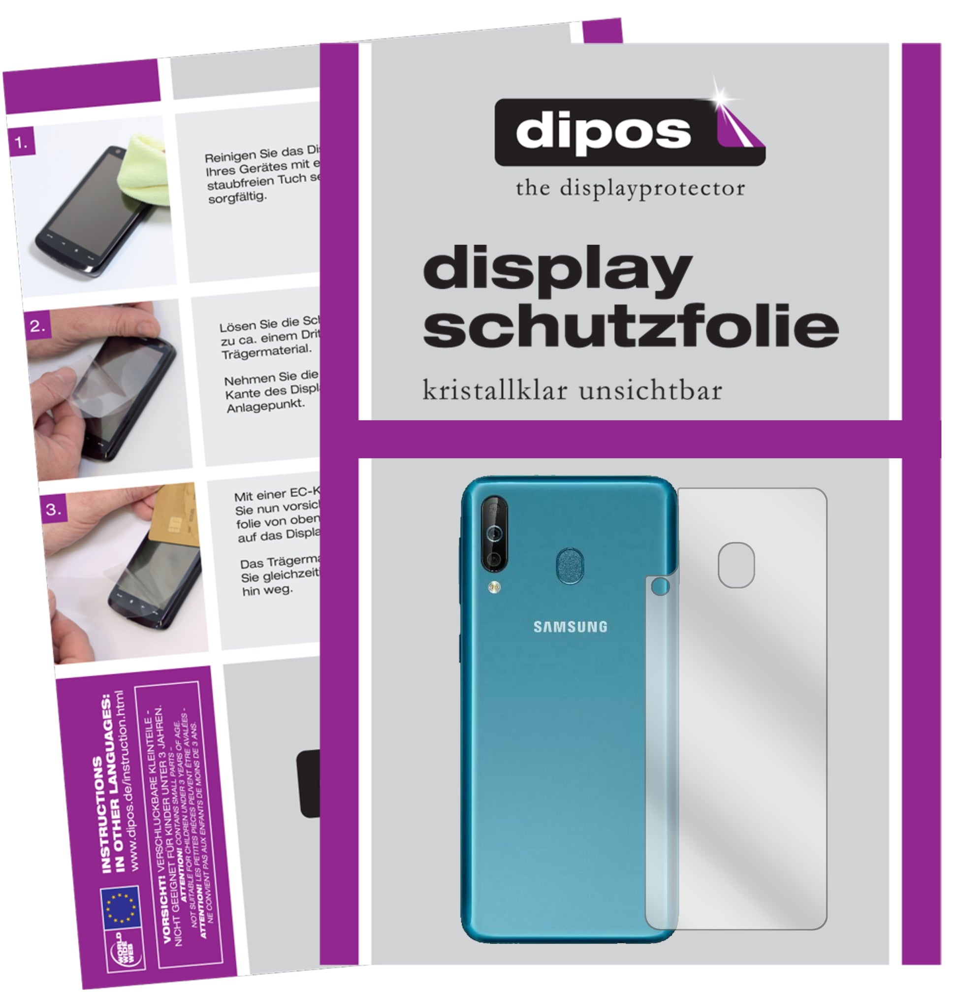 Klare Displayschutzfolie von dipos passend für Samsung Galaxy A40s Rückseite, präziser Zuschnitt und blasenfrei montiert
