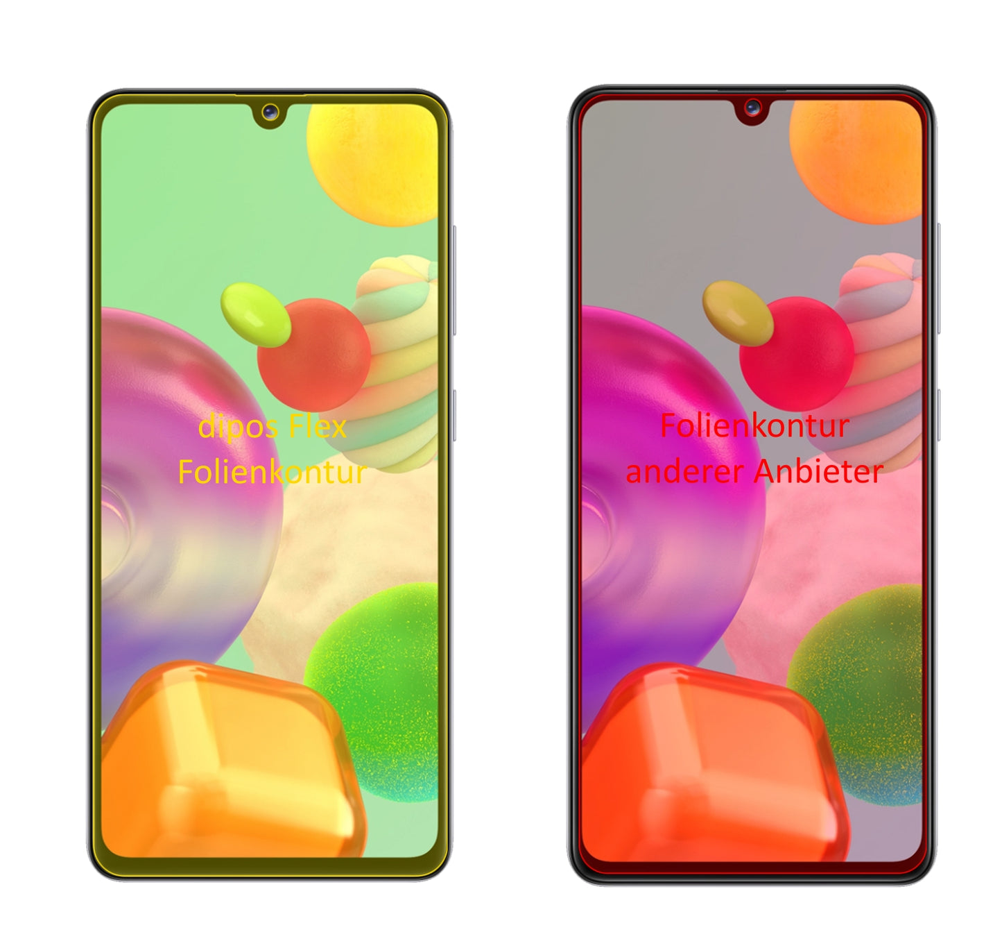 SamsungGalaxy A41 mit aufgebrachter dipos Displayschutzfolie, glasklare Darstellung ohne Einschränkungen