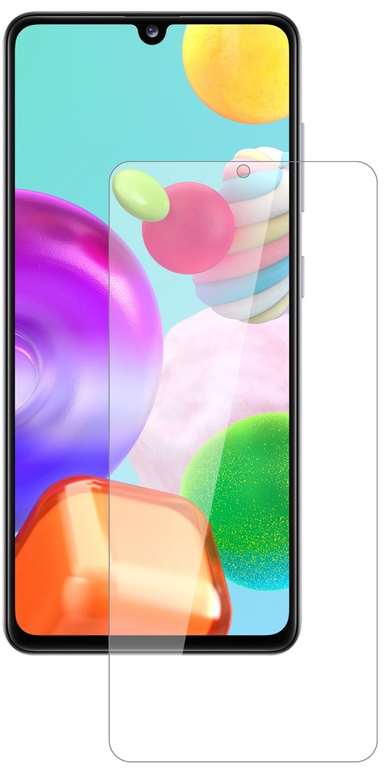 SamsungGalaxy A41 mit aufgebrachter dipos Flex Schutzfolie, glasklare Darstellung ohne Einschränkungen