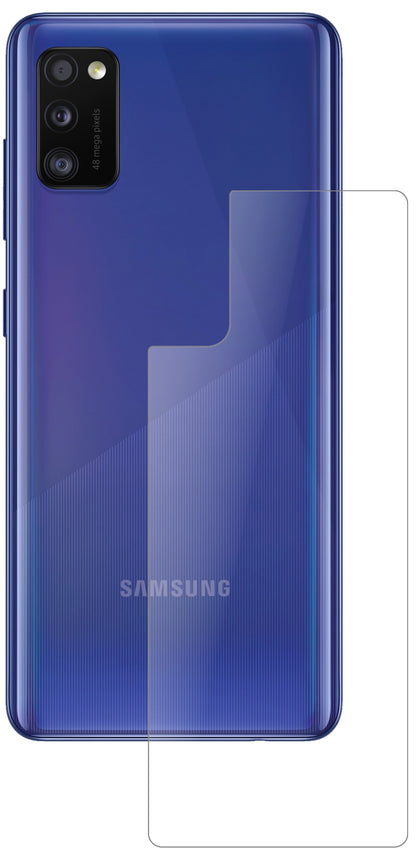 SamsungGalaxy A41 Rückseite mit aufgebrachter dipos Panzerfolie, die lästige Fingerabdrücke minimiert