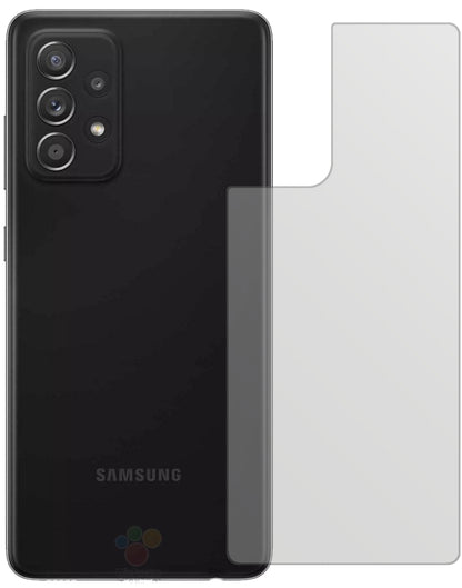 SamsungGalaxy A52s 5G Rückseite mit aufgebrachter dipos Displayschutzfolie, die lästige Fingerabdrücke minimiert