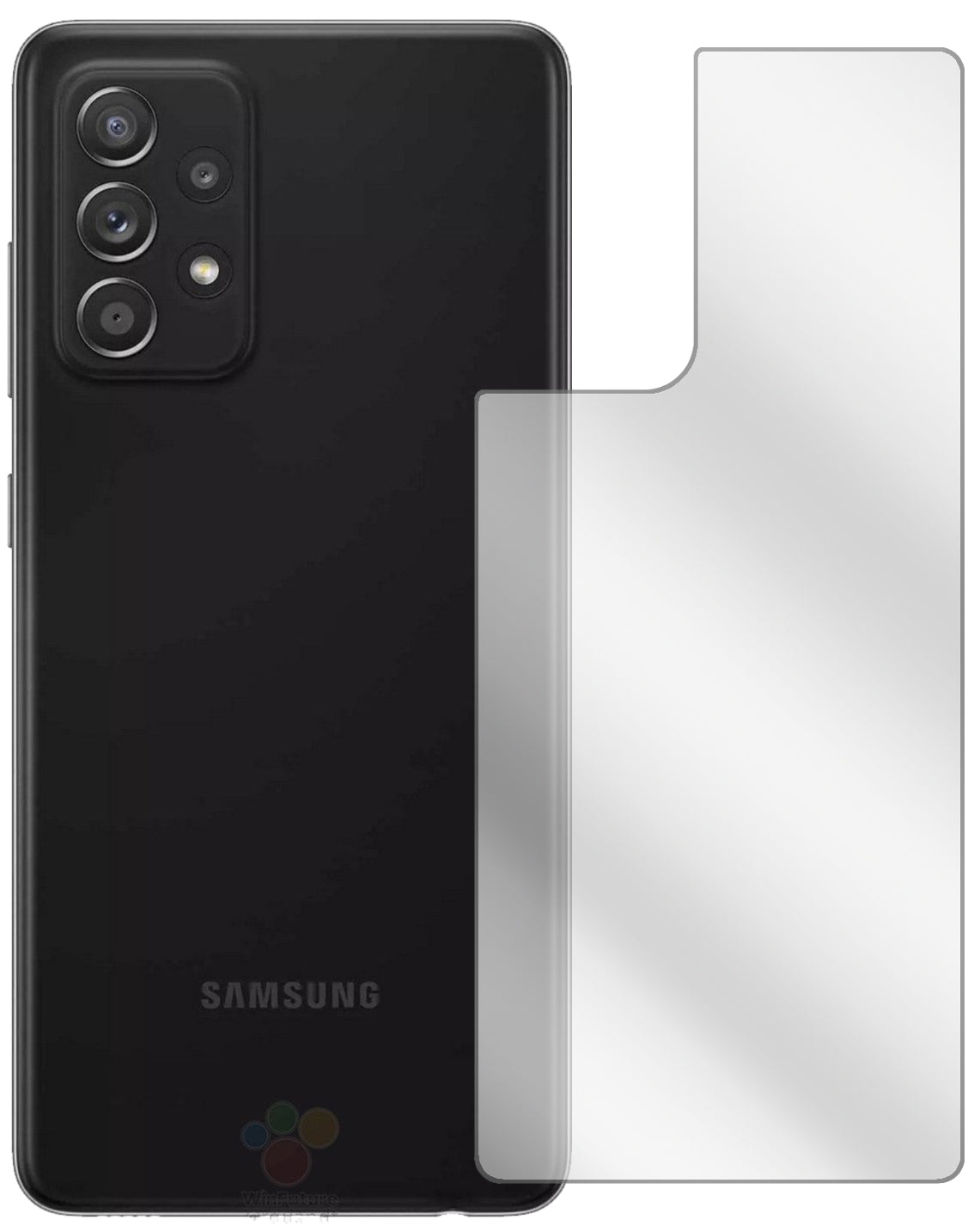 SamsungGalaxy A52s 5G Rückseite mit aufgebrachter dipos Displayschutzfolie, glasklare Darstellung ohne Einschränkungen
