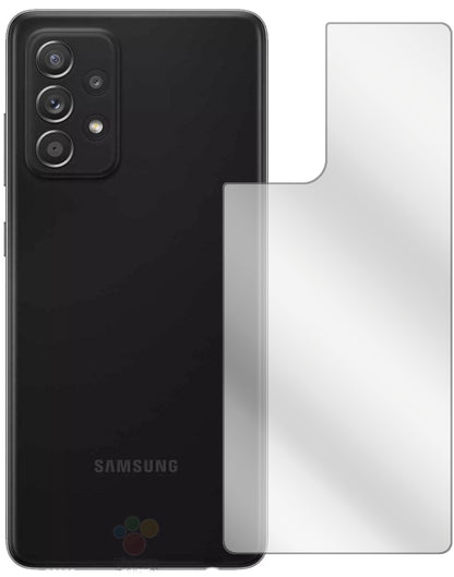 SamsungGalaxy A52s 5G Rückseite mit aufgebrachter dipos Displayschutzfolie, glasklare Darstellung ohne Einschränkungen