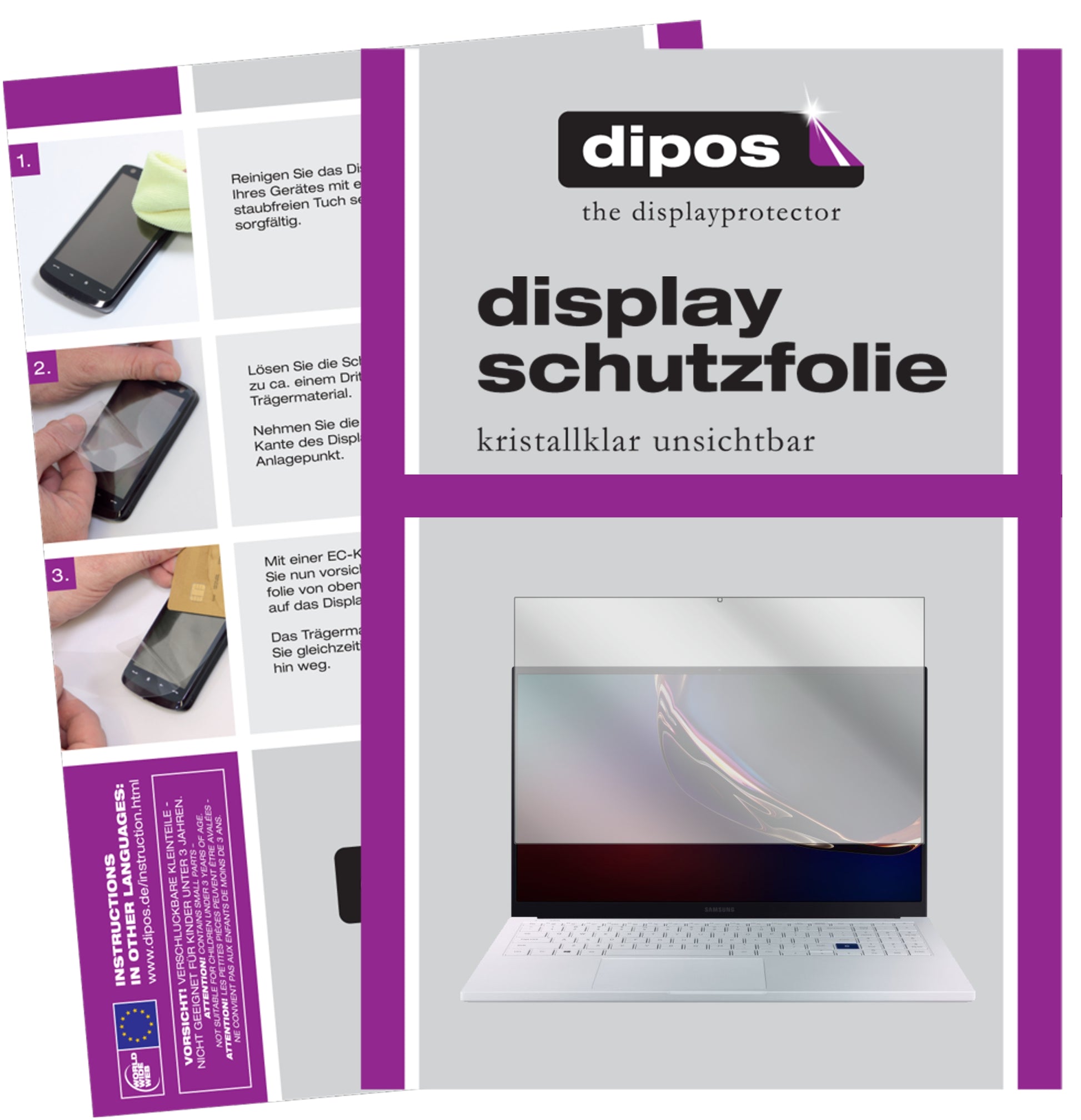 Klare Displayschutzfolie von dipos passend für Samsung Galaxy Book Ion 15.6 Zoll, präziser Zuschnitt und blasenfrei montiert