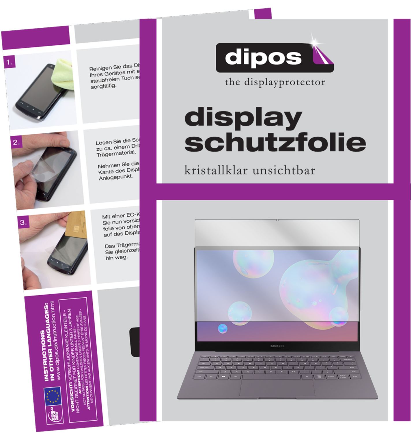 Klare Displayschutzfolie von dipos passend für Samsung Galaxy Book S, präziser Zuschnitt und blasenfrei montiert