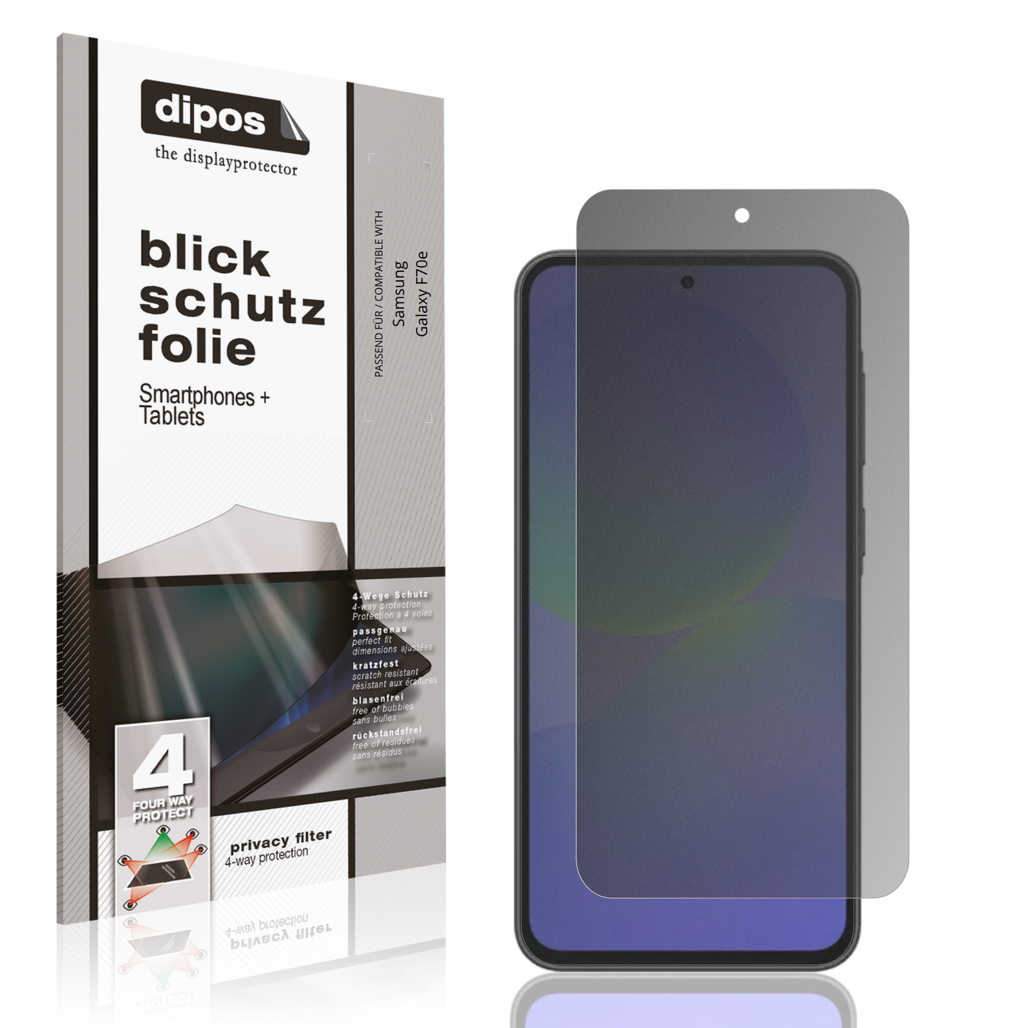 Blickschutzfolie von dipos passend für Samsung Galaxy F70e, präziser Zuschnitt und blasenfrei montiert