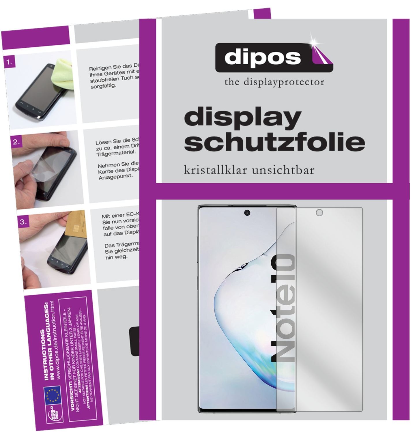 Klare Displayschutzfolie von dipos passend für Samsung Galaxy Note 10 5G, präziser Zuschnitt und blasenfrei montiert