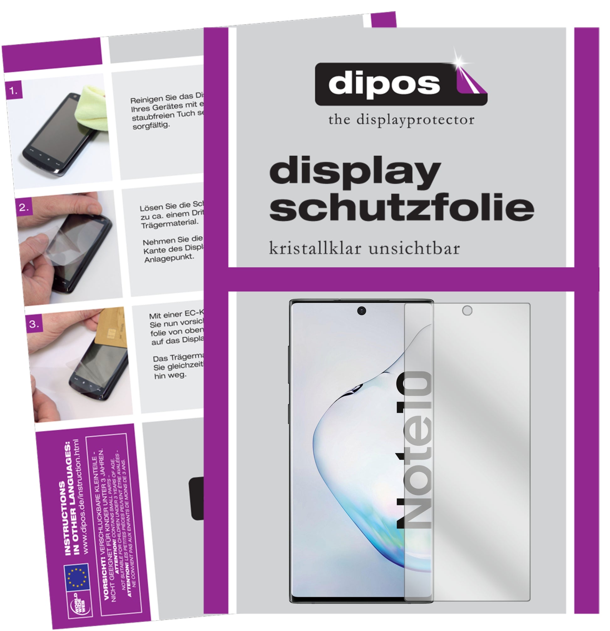 Klare Displayschutzfolie von dipos passend für Samsung Galaxy Note 10 5G, präziser Zuschnitt und blasenfrei montiert