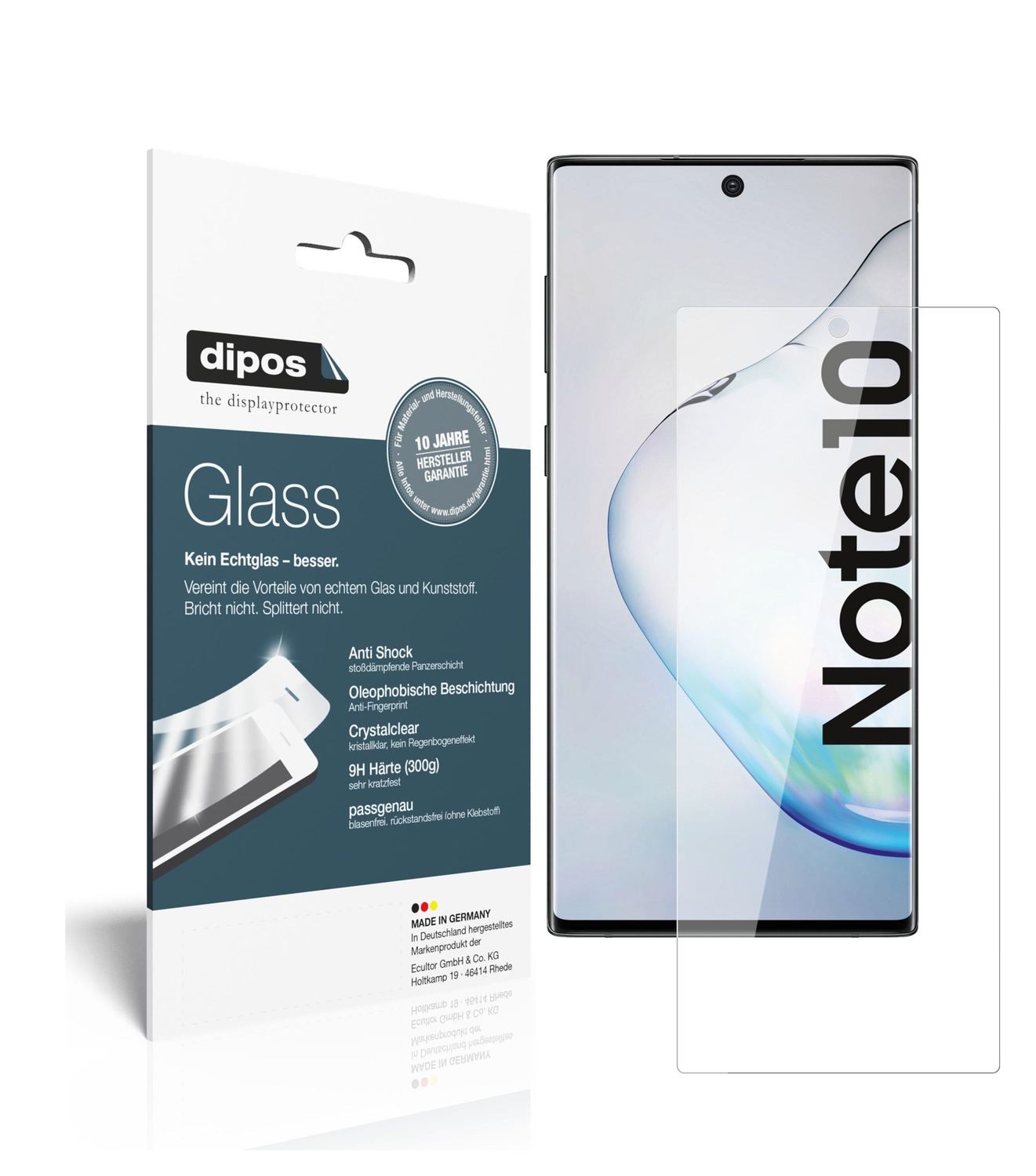 Klare Displayschutzfolie von dipos passend für Samsung Galaxy Note 10 5G, 9H kratzfest und blasenfrei montiert