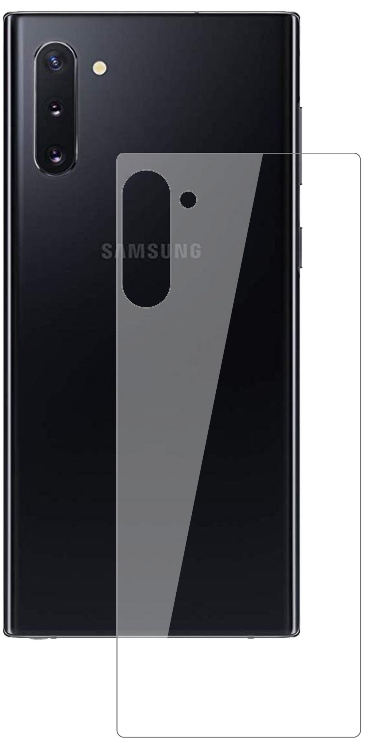 SamsungGalaxy Note 10 5G Rückseite mit aufgebrachter dipos Flex Schutzfolie, glasklare Darstellung ohne Einschränkungen
