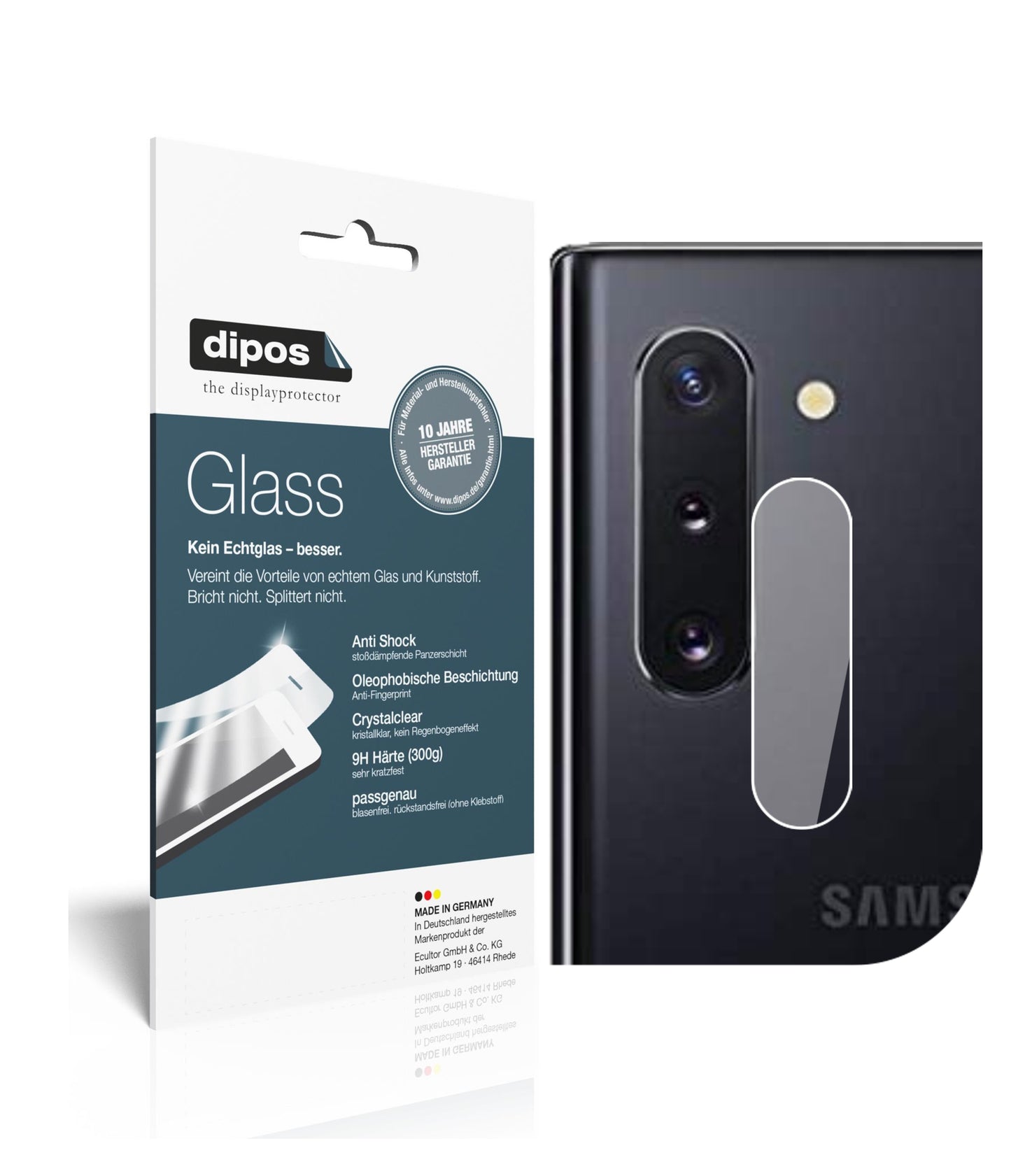 Klare Displayschutzfolie von dipos passend für Samsung Galaxy Note 10 Kameralinse, 9H kratzfest und blasenfrei montiert