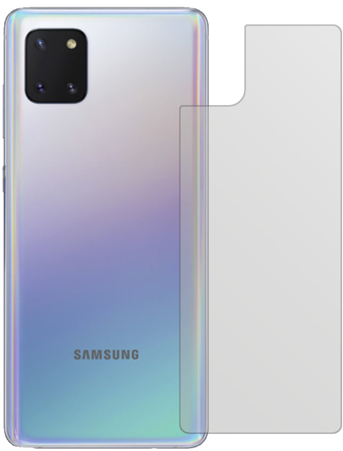 SamsungGalaxy Note 10 Lite Rückseite mit aufgebrachter dipos Displayschutzfolie, die lästige Fingerabdrücke minimiert