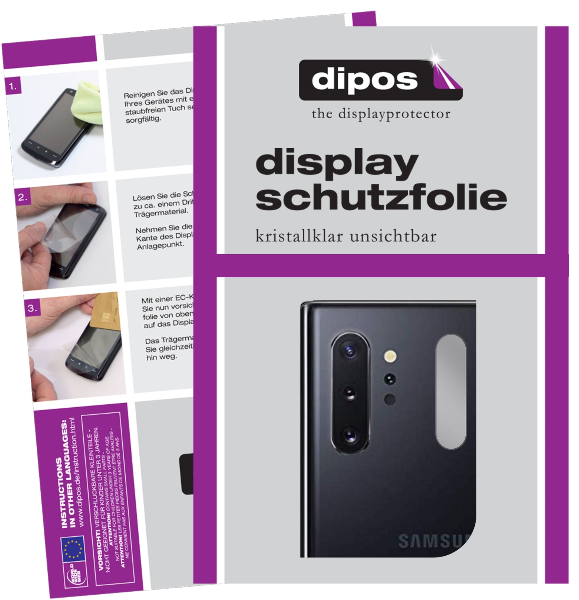 Klare Displayschutzfolie von dipos passend für Samsung Galaxy Note 10 PLUS Kameralinse, präziser Zuschnitt und blasenfrei montiert