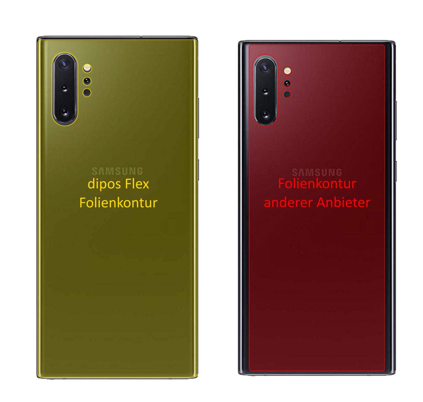 SamsungGalaxy Note 10 Plus Rückseite mit aufgebrachter dipos Displayschutzfolie, glasklare Darstellung ohne Einschränkungen