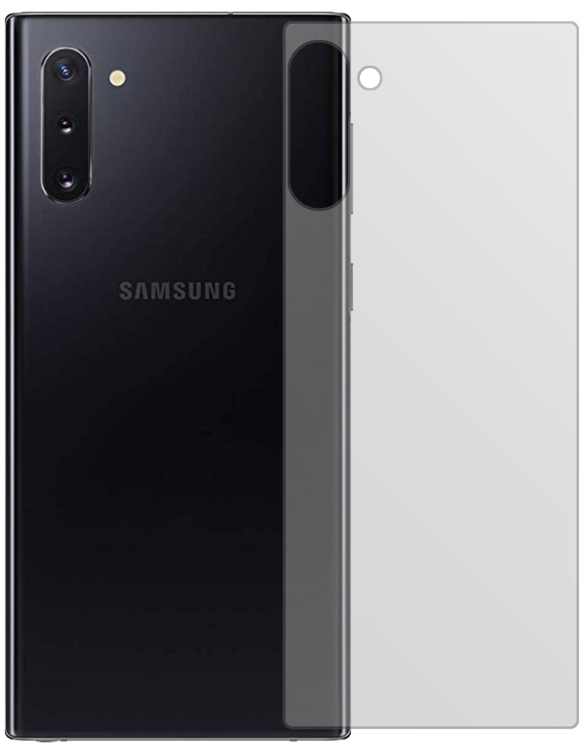 SamsungGalaxy Note 10 Rückseite mit aufgebrachter dipos Displayschutzfolie, die lästige Fingerabdrücke minimiert