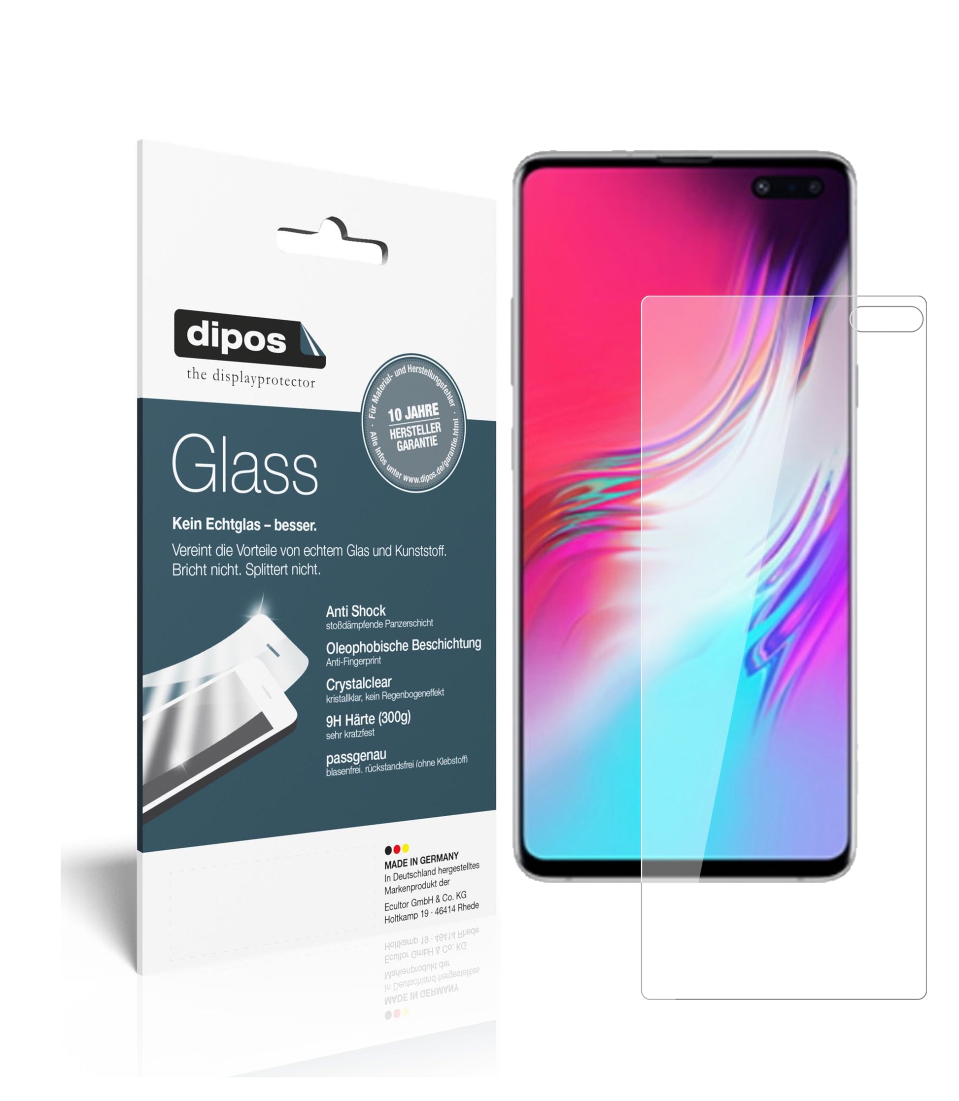 Klare Displayschutzfolie von dipos passend für Samsung Galaxy S10 5G, 9H kratzfest und blasenfrei montiert