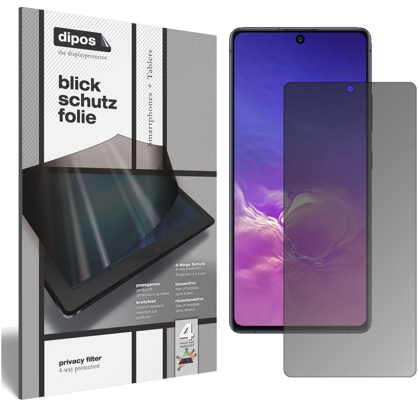 Blickschutzfolie von dipos passend für Samsung Galaxy S10 Lite, präziser Zuschnitt und blasenfrei montiert