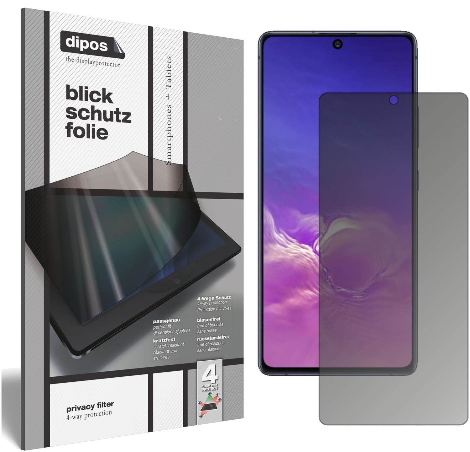 Blickschutzfolie von dipos passend für Samsung Galaxy S10 Lite, präziser Zuschnitt und blasenfrei montiert
